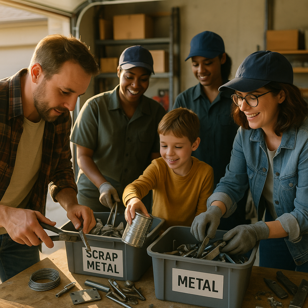 Sorting Metal Items in a Family Business Family and employees sorting metal items into designated bins in a cheerful atmosphere.