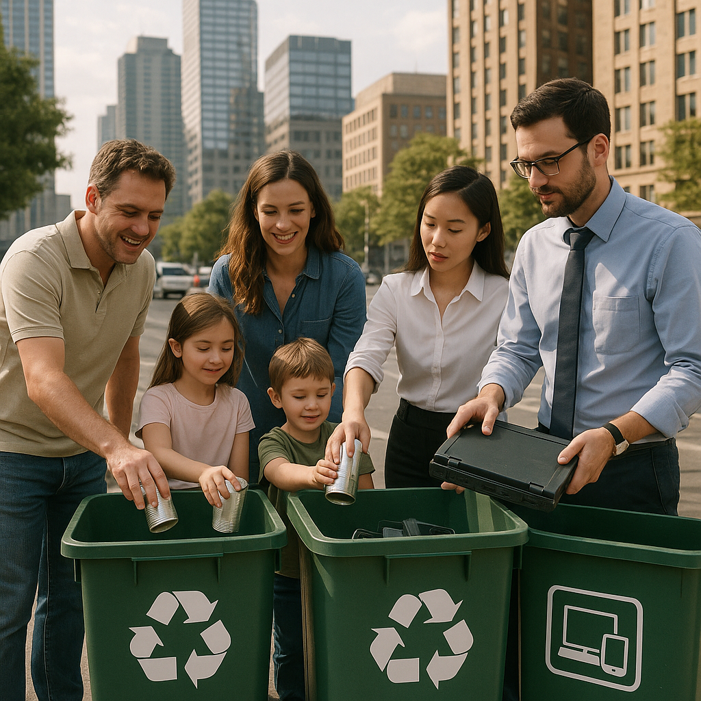 Family and office employees placing metal cans and electronics into recycling bins against an urban background.