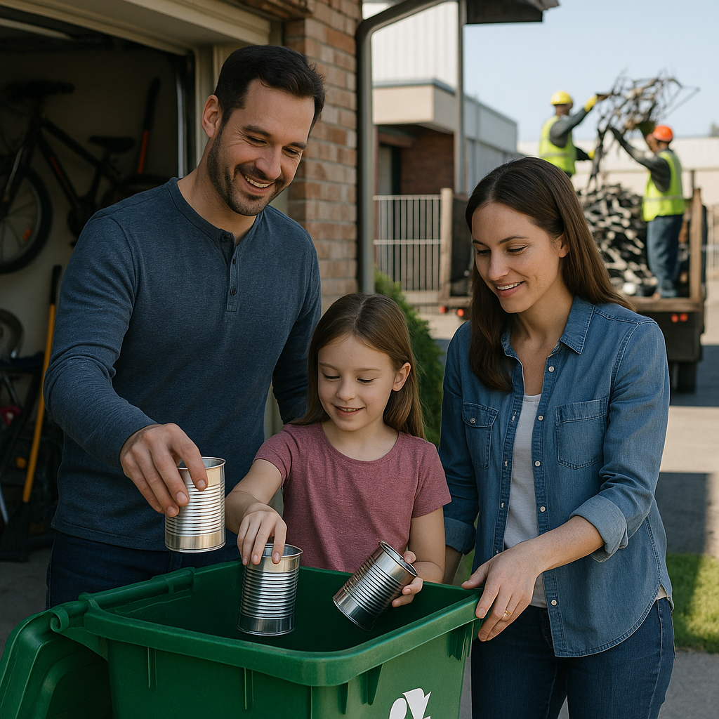 A family placing steel cans into a recycling bin at home while workers load scrap metal onto a truck outside on a clear day.