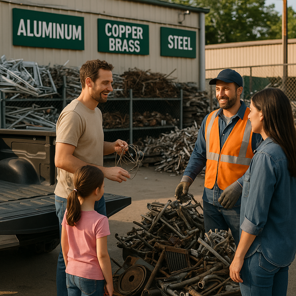 Family and Small Business Owner at Recycling Center A family and small business owner dropping off scrap metal at a neighborhood recycling center, with sorted metal piles and informational signage, while friendly staff assist them.