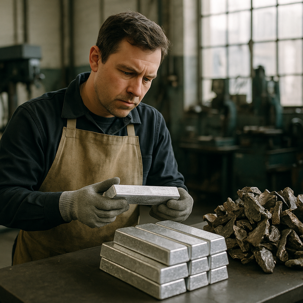 Freshly recovered pure metal bars stacked next to old metal scrap in a clean industrial workspace with a worker inspecting them, showing a comparison of transformation.