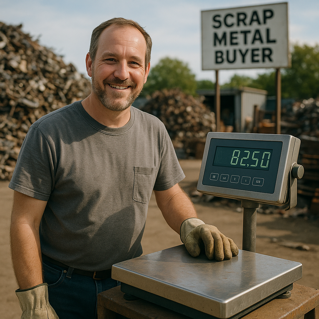 Scrap Yard Scale Operator Friendly scrap yard scale operator weighing metals for customer with a 'Scrap Metal Buyer' sign in the background.