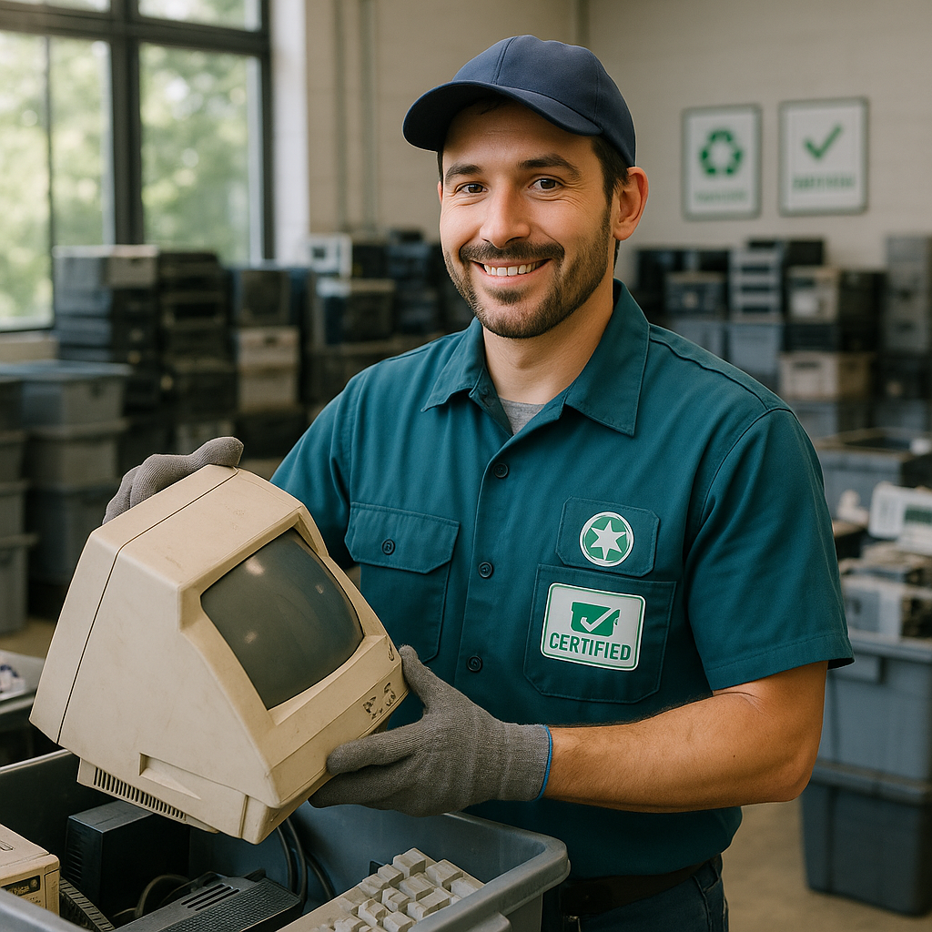 Worker Handling Electronics for Recycling Friendly worker in uniform safely handling old electronics for recycling at a modern certified recycling facility, with visible certification badges on display.