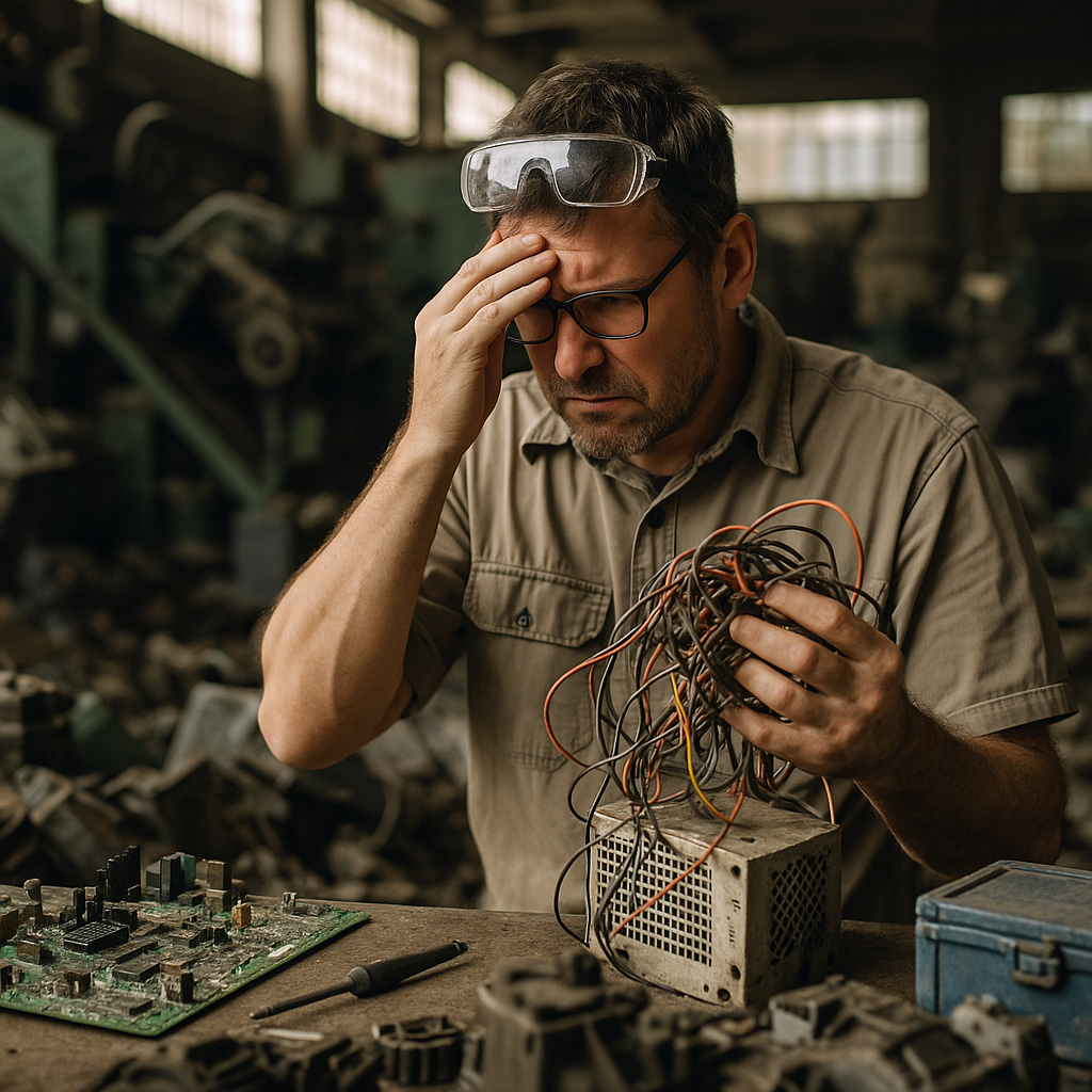Frustrated technician inspecting tangled wires and outdated electronics amid complex machinery in a cluttered recycling plant