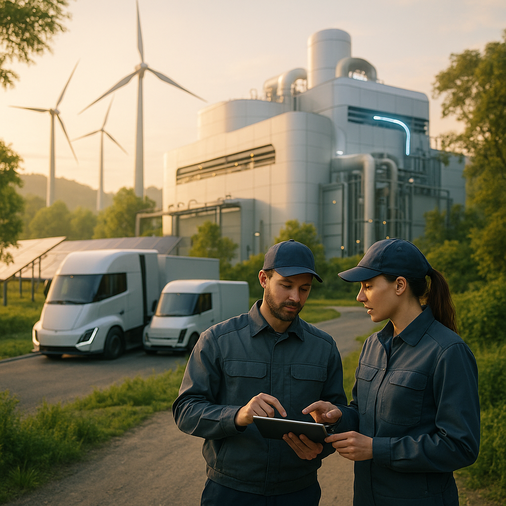 A futuristic factory surrounded by greenery with automated electric trucks, wind turbines, and solar panels nearby, workers collaborating outdoors during sunrise.