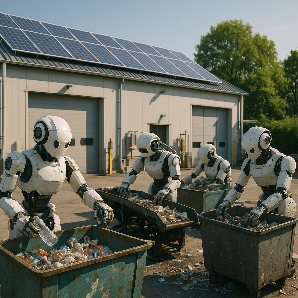 A futuristic factory featuring automated recycling robots, solar panels on the roof, surrounded by greenery and under clear skies, symbolizing a clean and sustainable future.