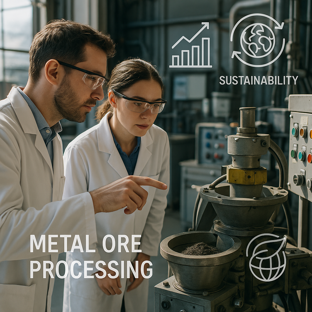 Researchers inspecting futuristic machinery processing metal ores with digital sustainability infographics overlaid.