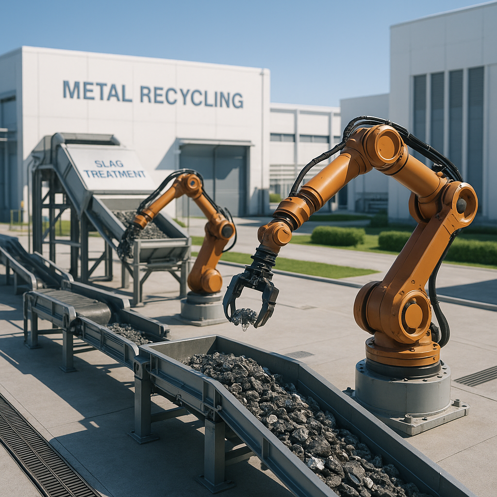 Futuristic metal recycling plant with automated slag treatment lines and robotics, set against a clear blue sky.