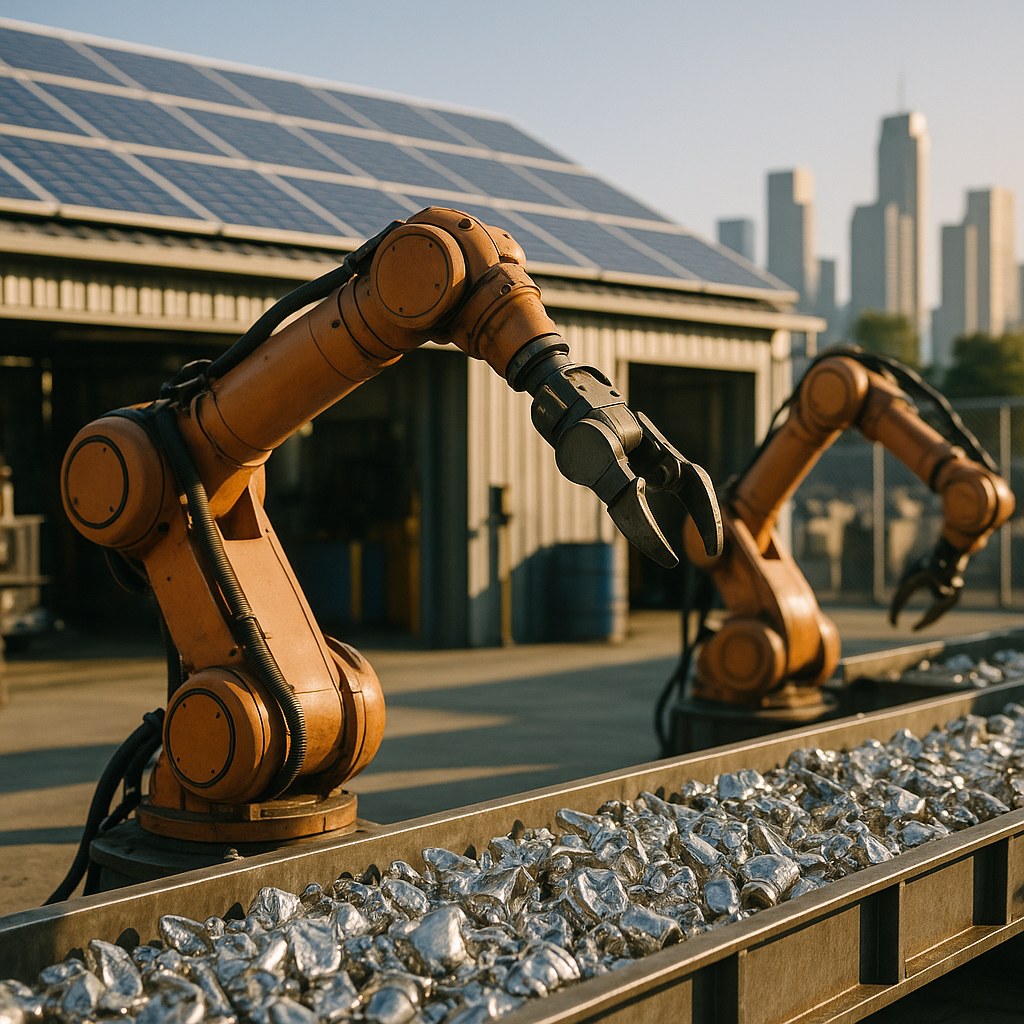 Futuristic metal refinery featuring solar panels and robotic arms sorting recycled metals with a city skyline in the background.