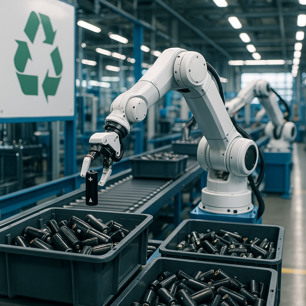 Futuristic recycling plant with automated robots handling batteries in bright clean lighting.