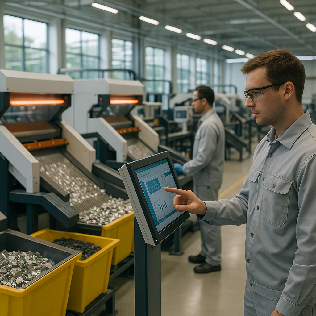 Futuristic factory floor with automated sorting machines and technicians monitoring touch-screen displays.