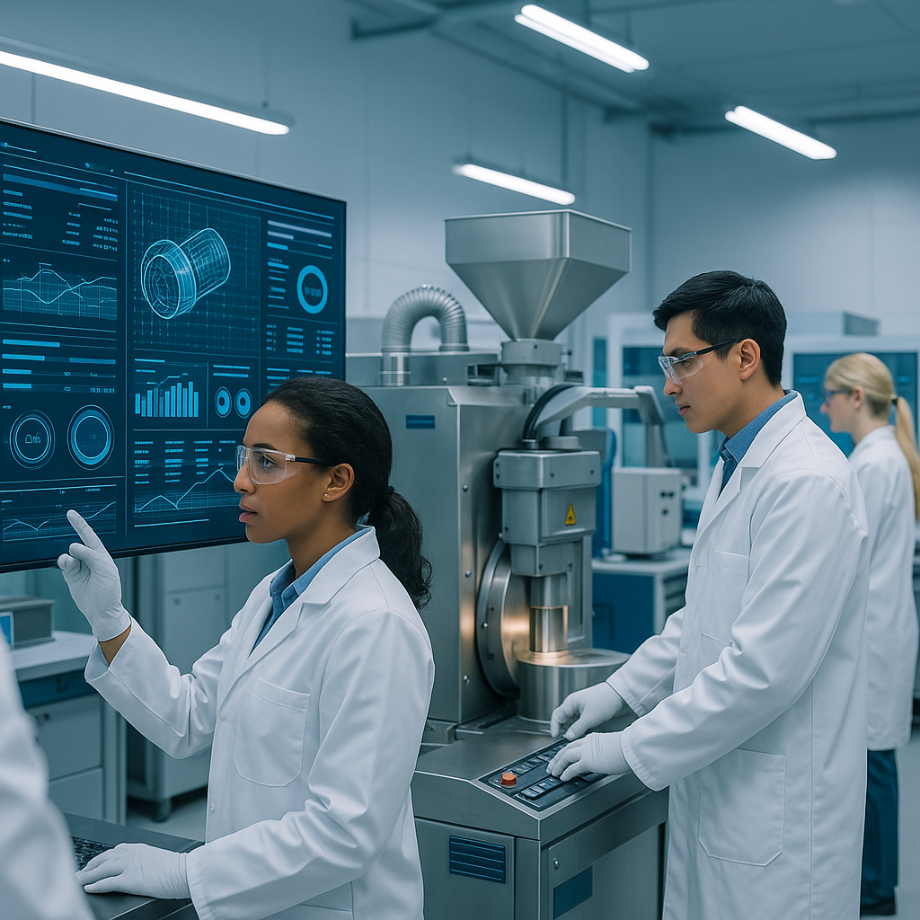 Futuristic Laboratory with Advanced Metal Processing Equipment Futuristic laboratory with scientists operating advanced metal processing equipment in a clean, high-tech environment.