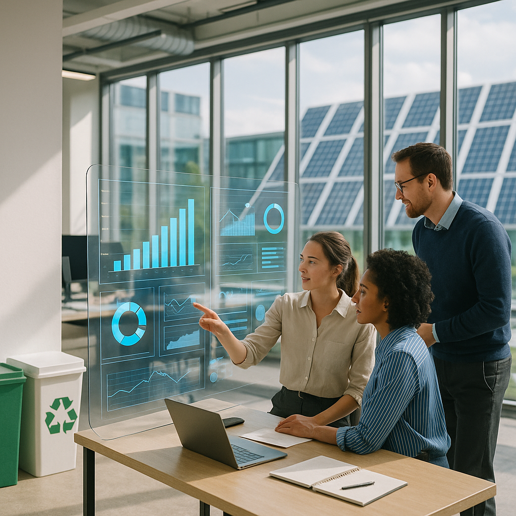 Sustainable Office Collaboration A forward-looking office with solar panels and recycling bins, where employees collaborate using futuristic digital displays in a bright and optimistic environment.