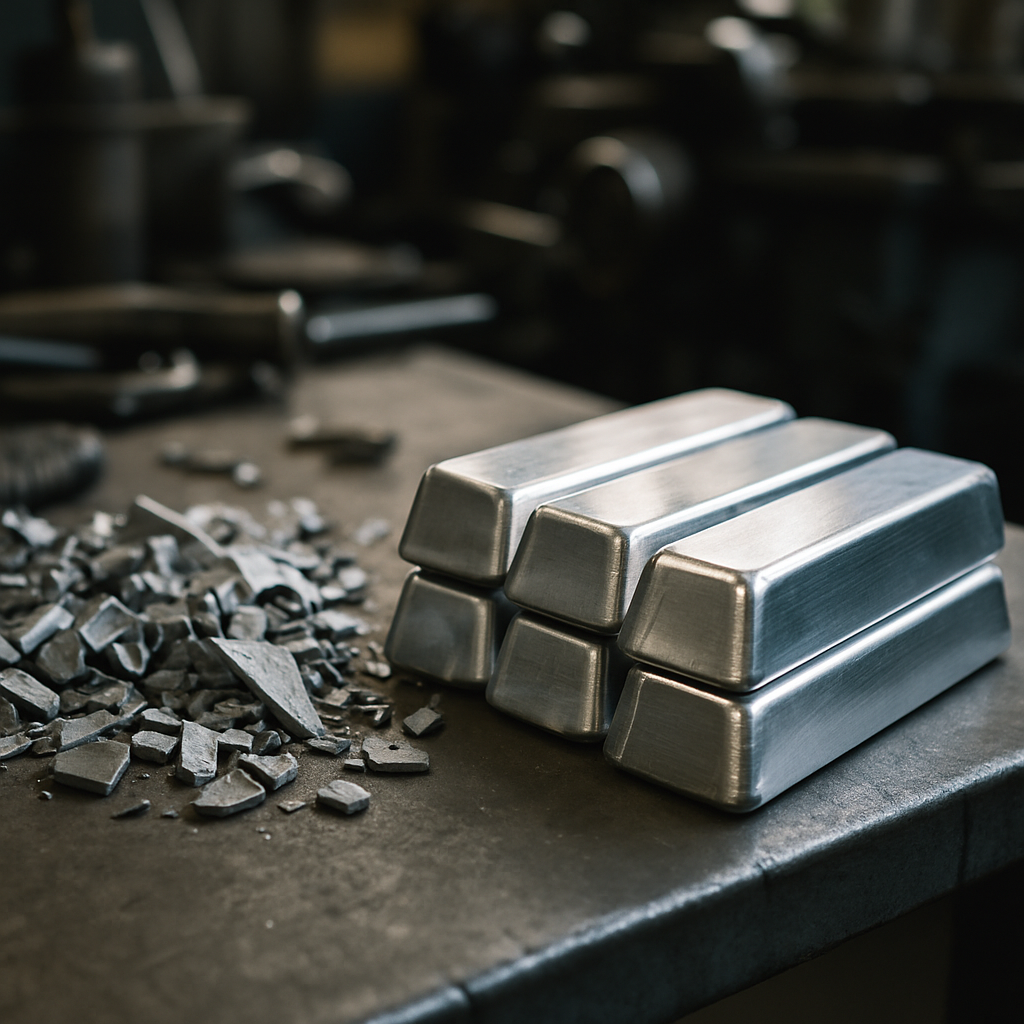 Close-up of gleaming pure metal ingots next to processed scrap metal pieces on a factory workbench.