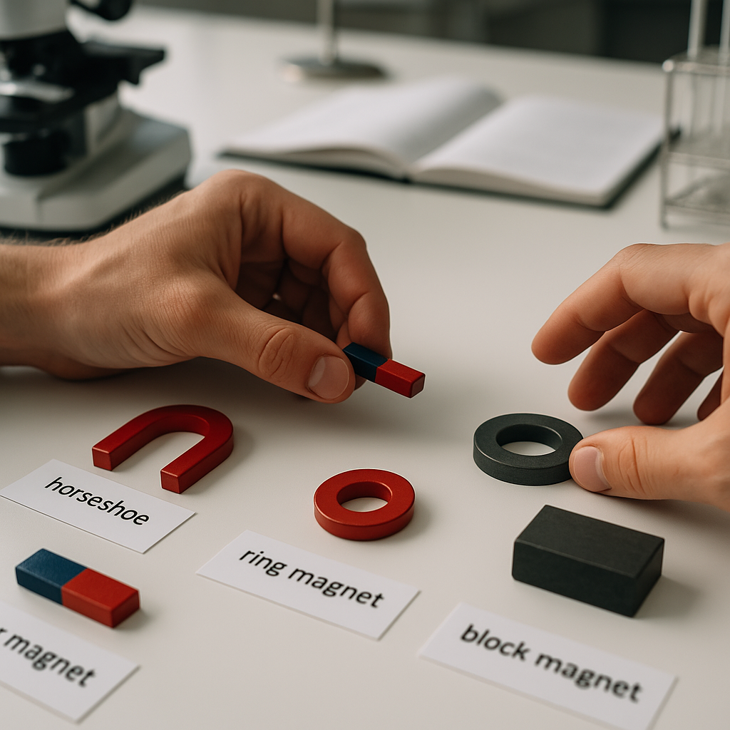 Hands examining different types of magnets on a table in a clean lab setting, close-up view.