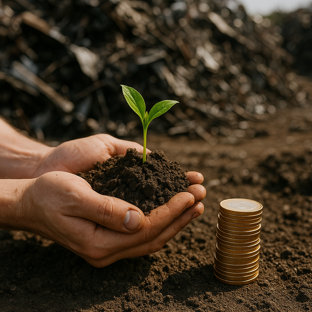 Hands Holding Soil with a Green Plant and Recycled Metal Hands holding soil with a small green plant, pile of recycled metal in background, sunlight highlighting coins stacked nearby.