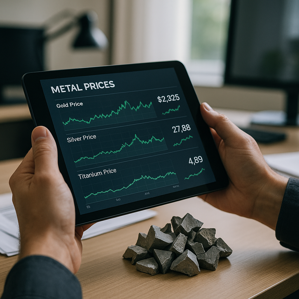 Close-up of hands holding a digital tablet displaying metal price graphs next to titanium scrap pieces.