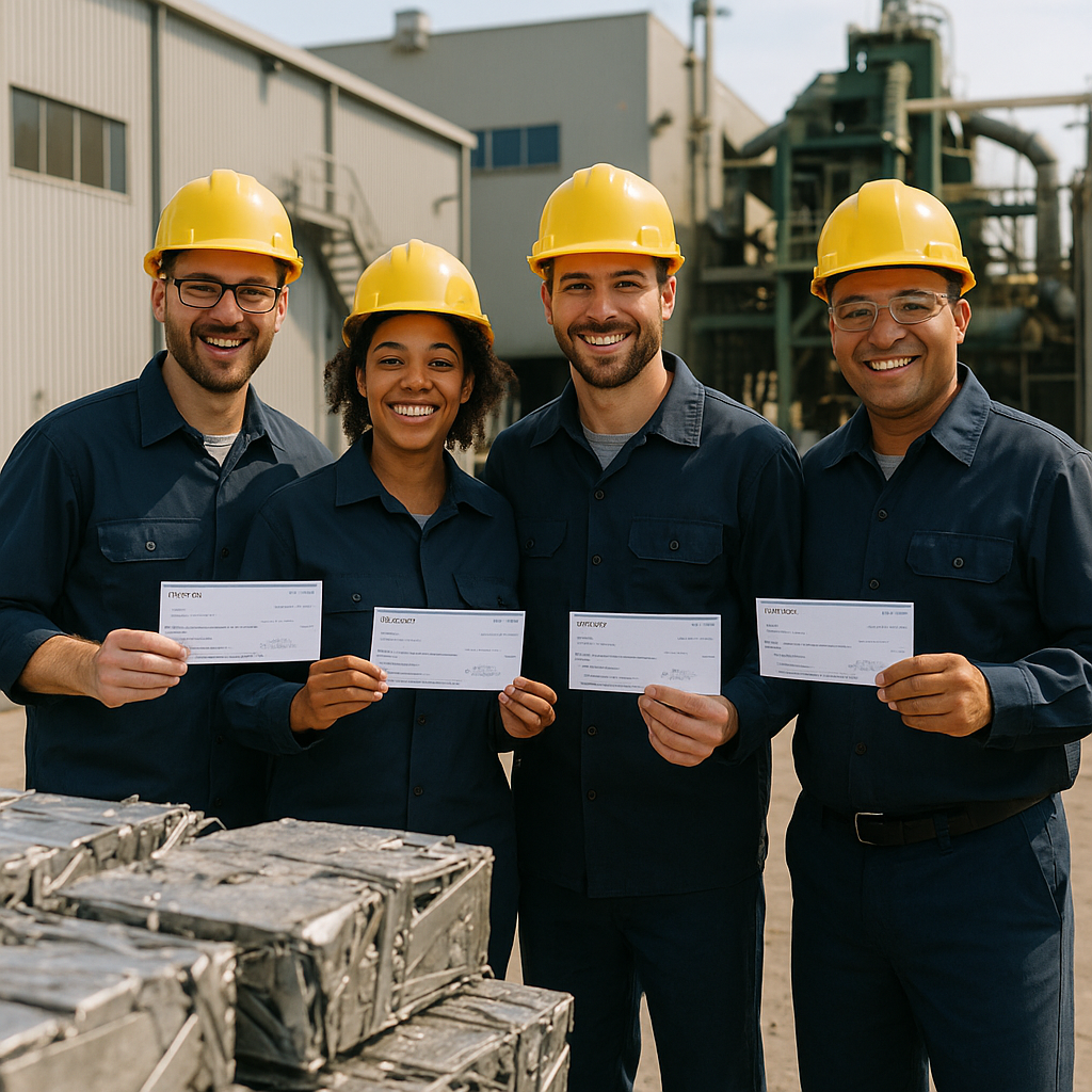 Happy factory workers holding paychecks near stacks of processed metal in a modern recycling plant.