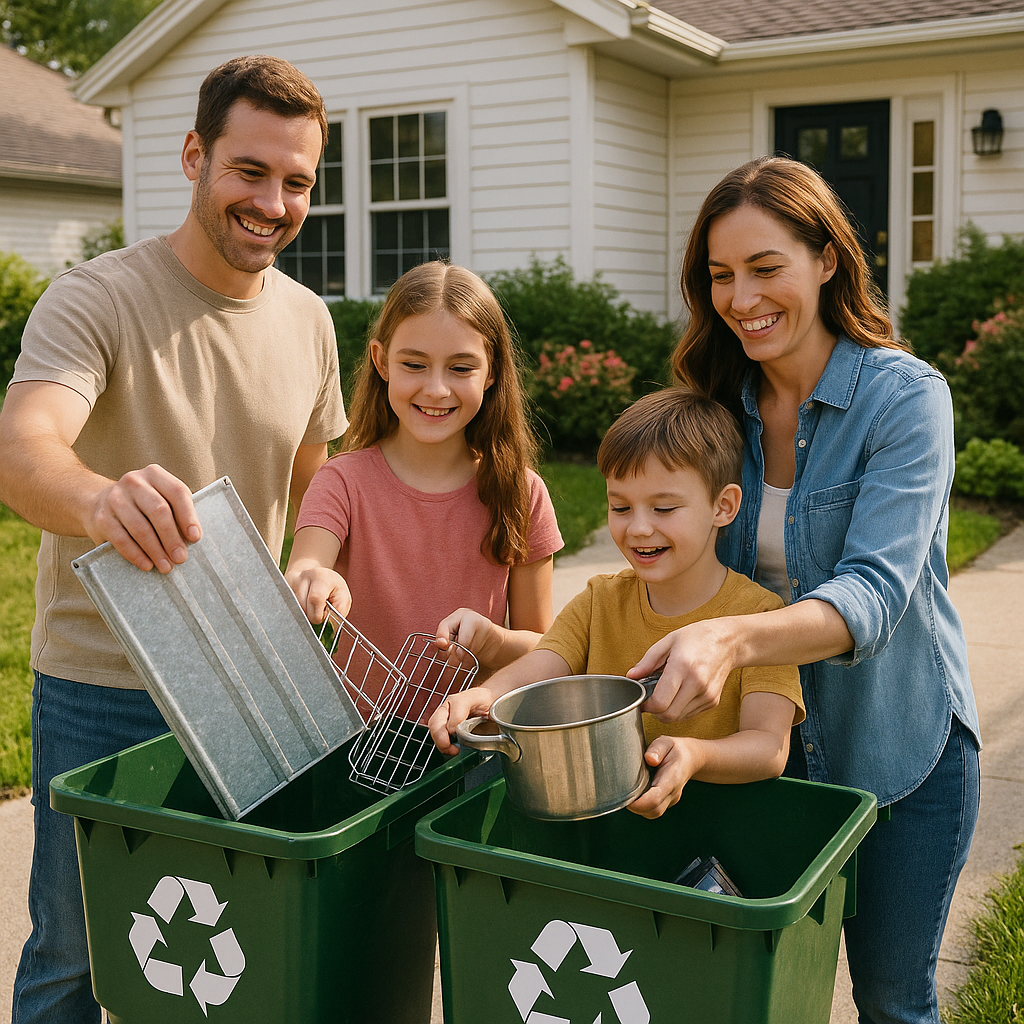 Happy family placing scrap metal into recycling bins outside their house on a sunny day.
