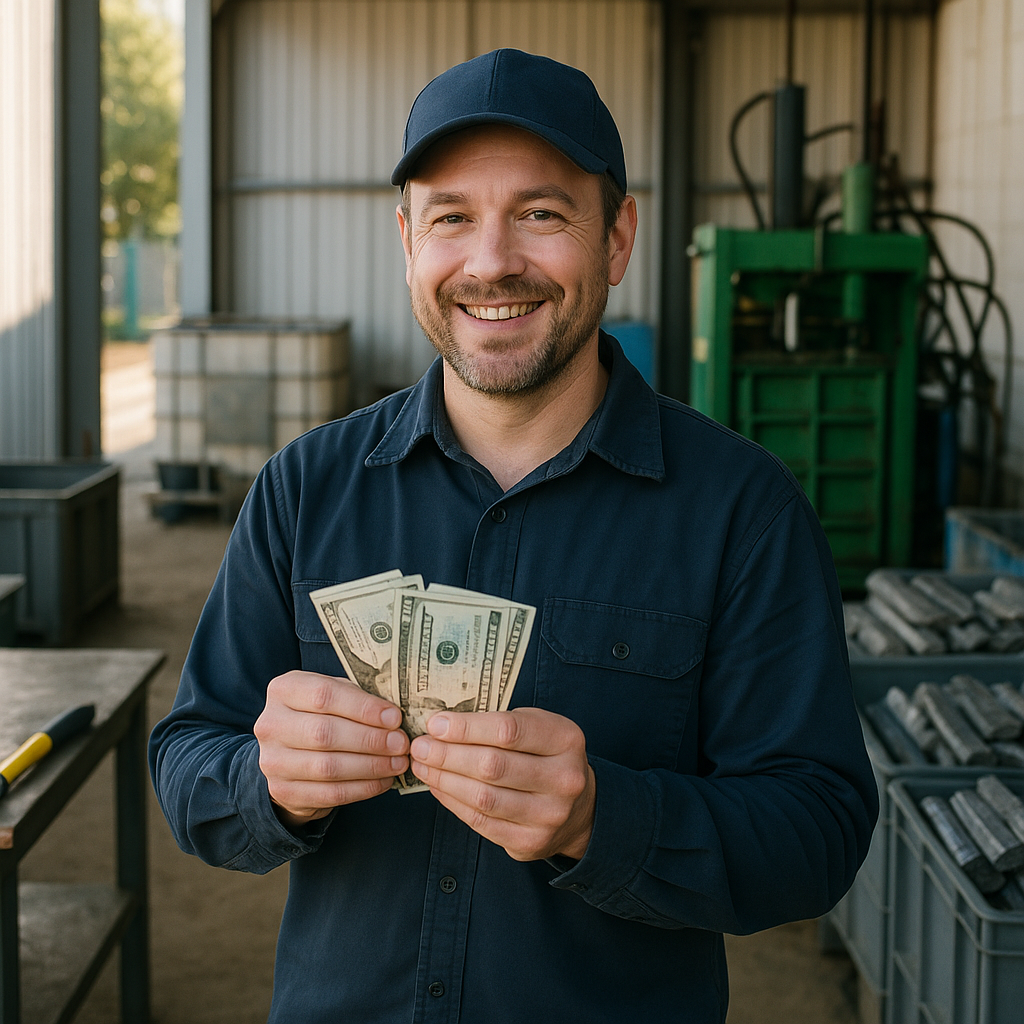 Happy Seller at Recycling Facility Happy seller receiving cash payment for scrap lead at a recycling facility with a clean and organized workspace.