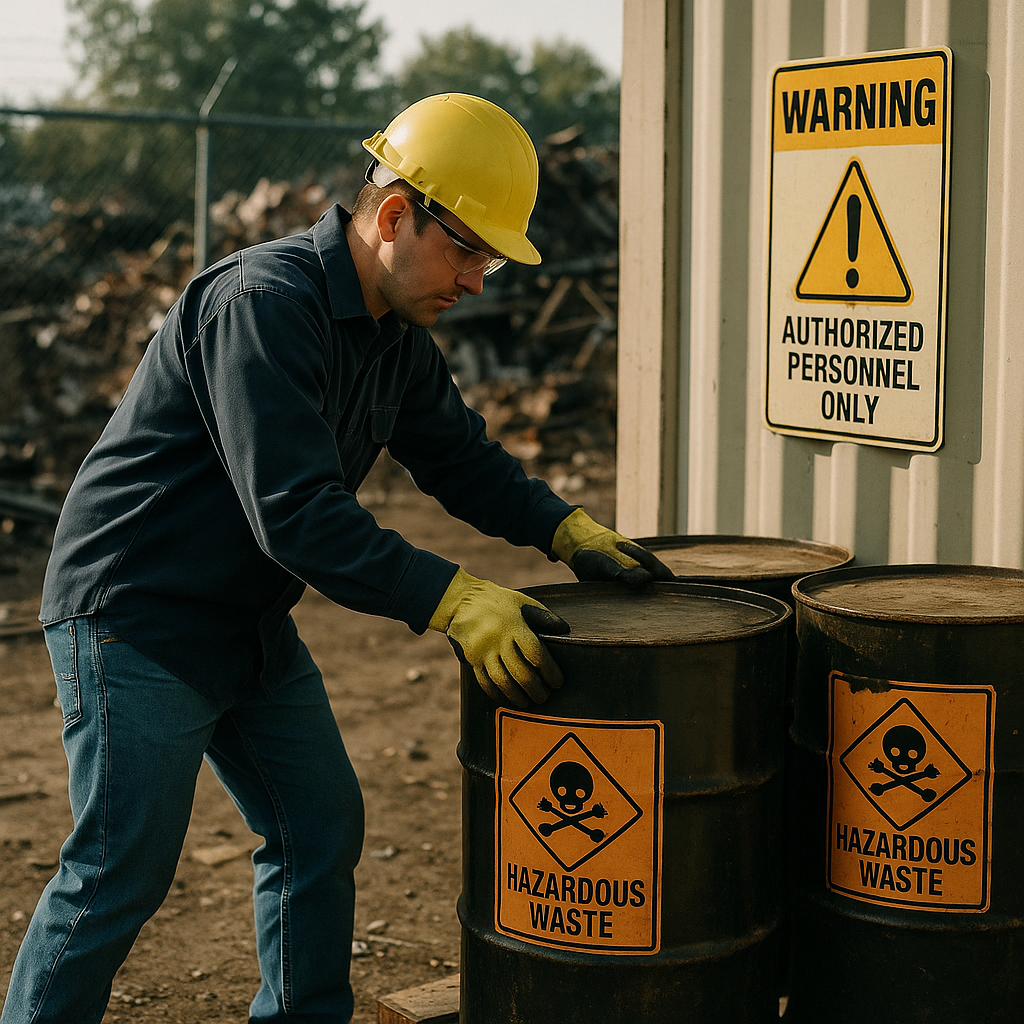 Worker in safety gear placing marked hazardous waste barrels in a scrapyard, surrounded by warning signs.