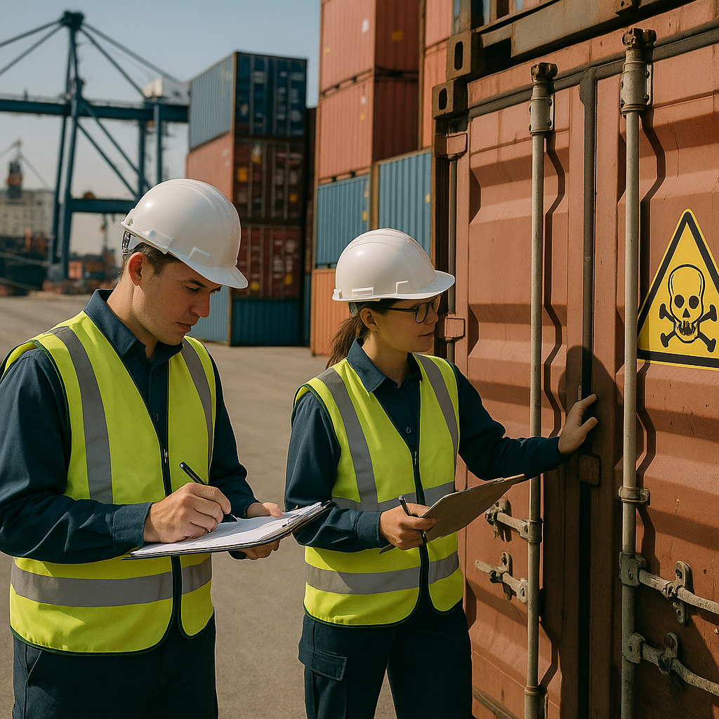 Inspection of Hazardous Waste Shipping Containers Shipping containers marked with hazardous waste symbols being inspected by customs officers at a busy port.
