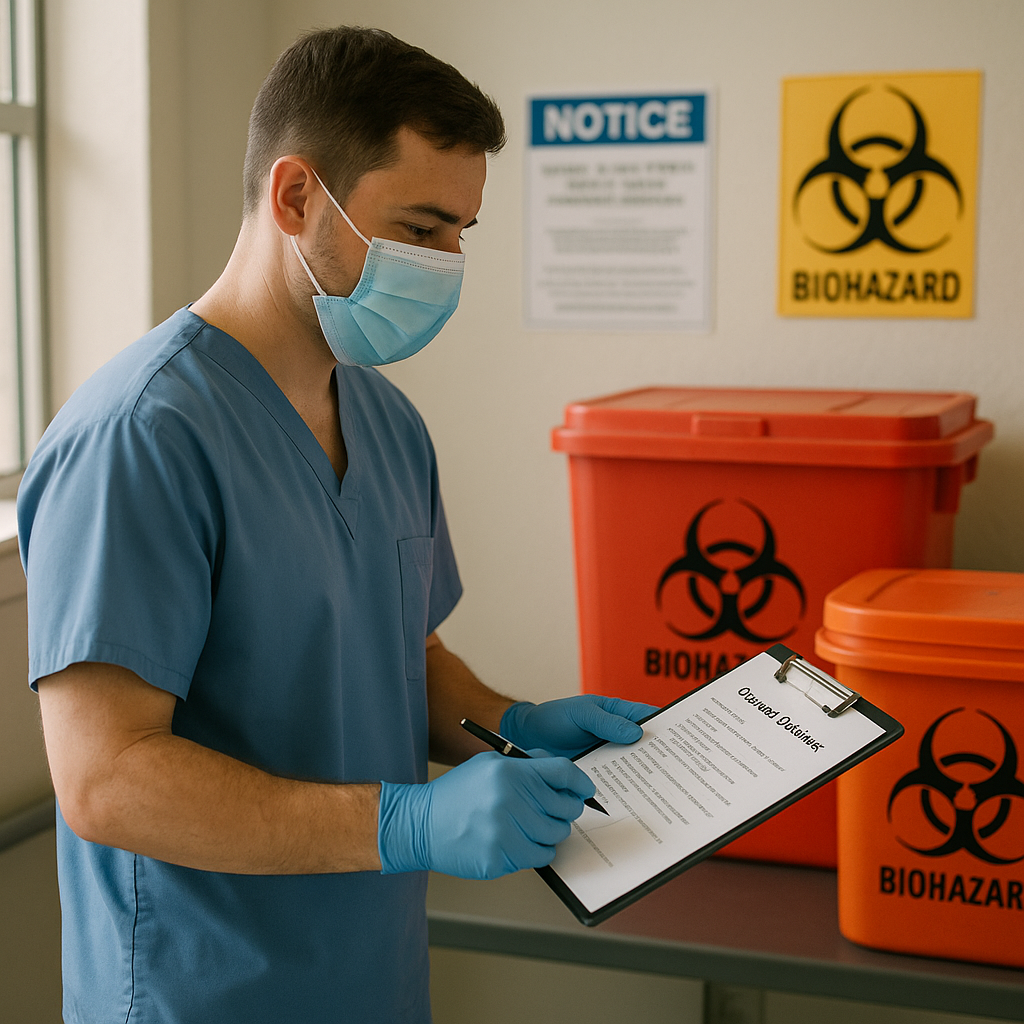 Healthcare worker reviewing official disposal guidelines on clipboard beside biohazard containers, regulatory posters in background.