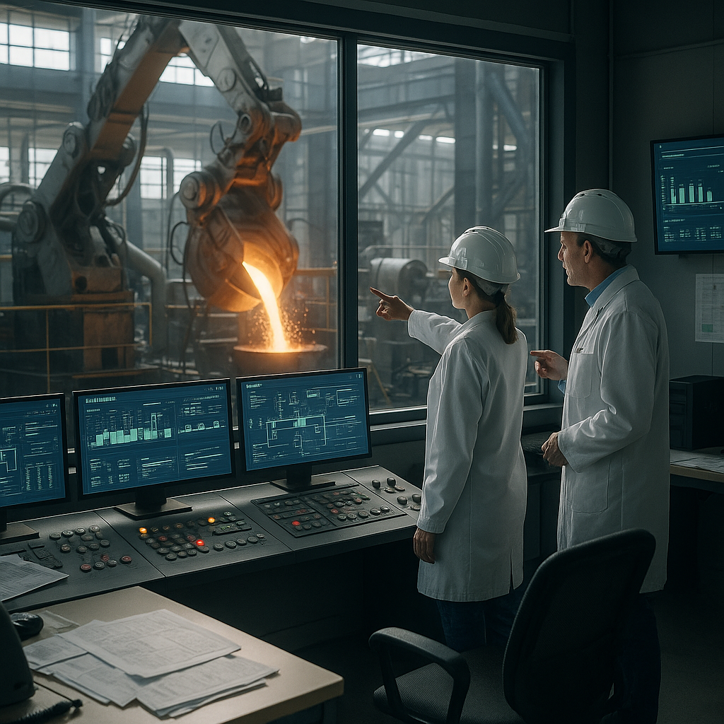 High-tech control room with automated metal refining machinery, featuring engineers and digital screens displaying process data.