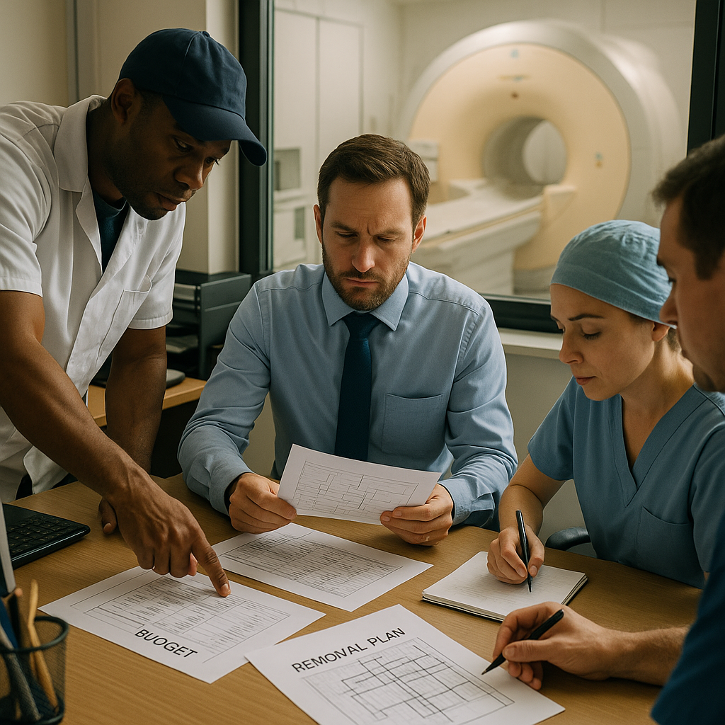 Project manager and technicians reviewing removal plans and budget documents in a hospital office with an MRI scanner visible through the window.