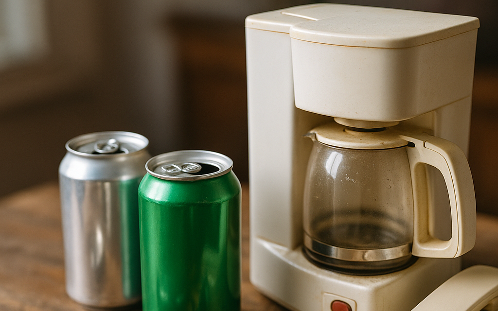Close-up view of various household items including soda cans, old appliances, and batteries on a wooden table.