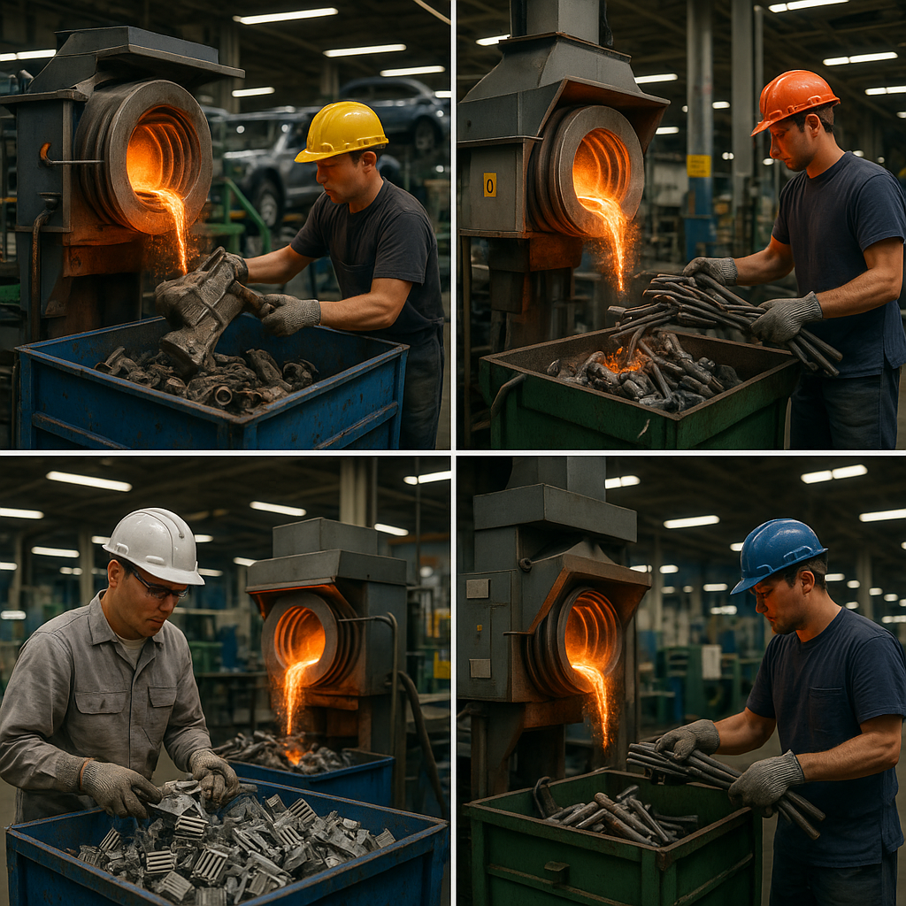 Collage scene of induction furnaces in automotive, construction, and electronics factories with workers handling recycled metal parts.