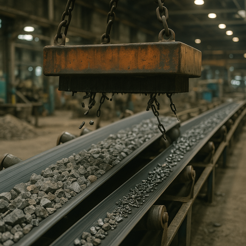 Industrial conveyor belt with crushed minerals and a powerful magnet, separating metals.