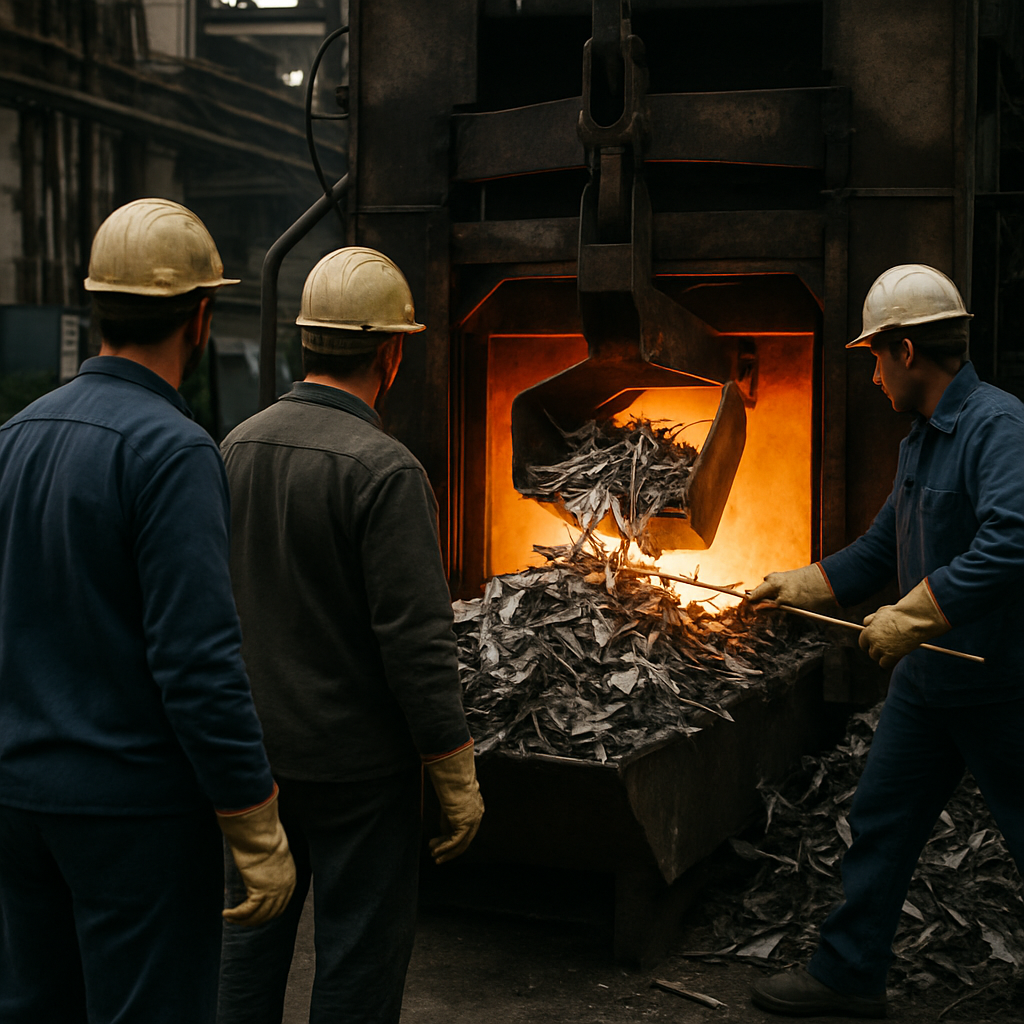 Industrial furnace glowing with intense orange light, with metal scraps being loaded in and workers in safety gear overseeing the process.