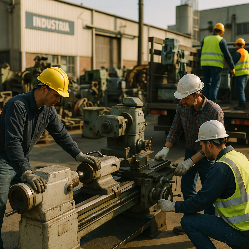 Evaluation of Used Industrial Machines Workers evaluating large, used industrial machines in a factory yard, preparing for recycling and loading equipment onto a flatbed truck for sale.