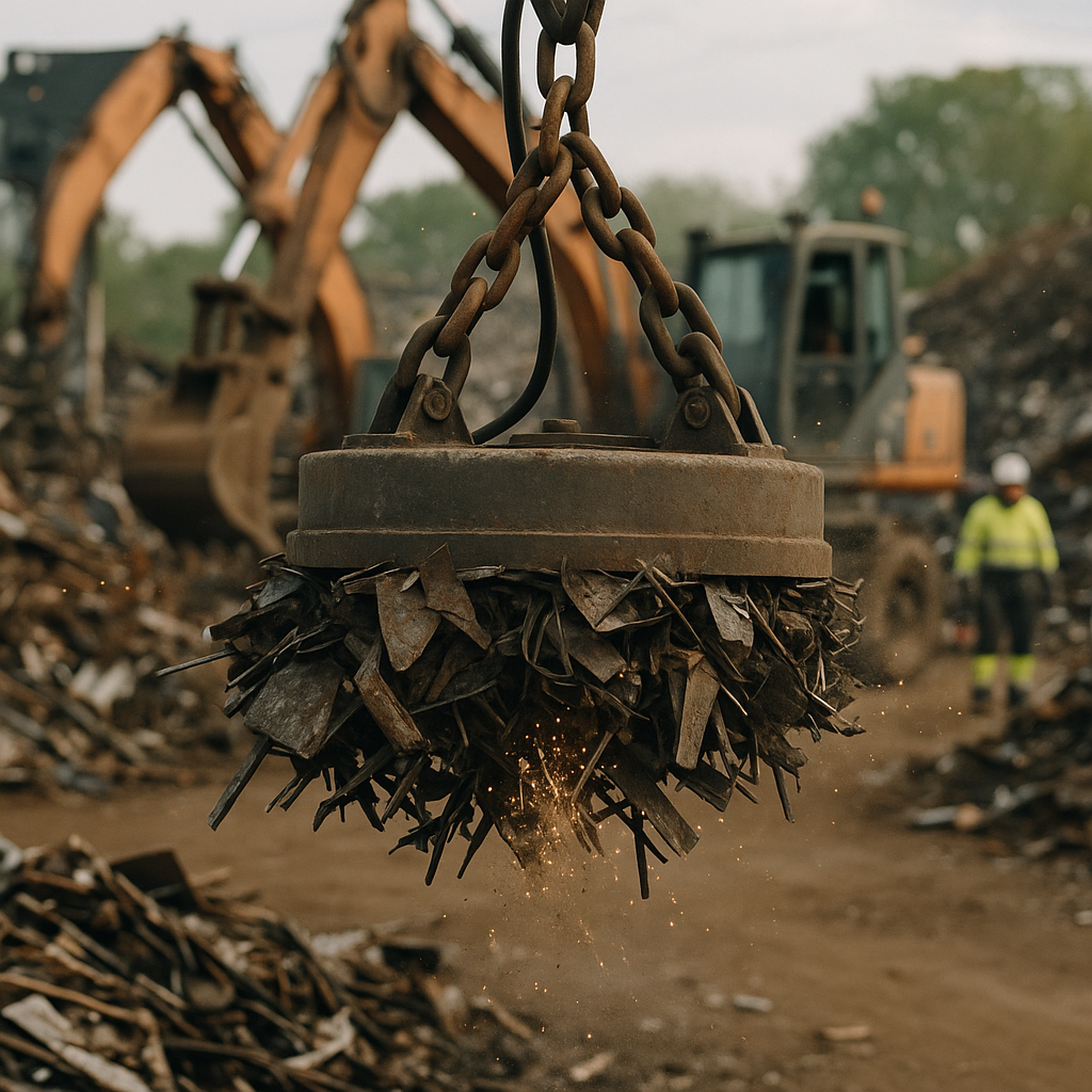 Industrial Magnet Lifting Metal Scraps Close-up of a powerful industrial magnet lifting crushed metal scraps in a busy recycling yard, with sparks and dust in the air.