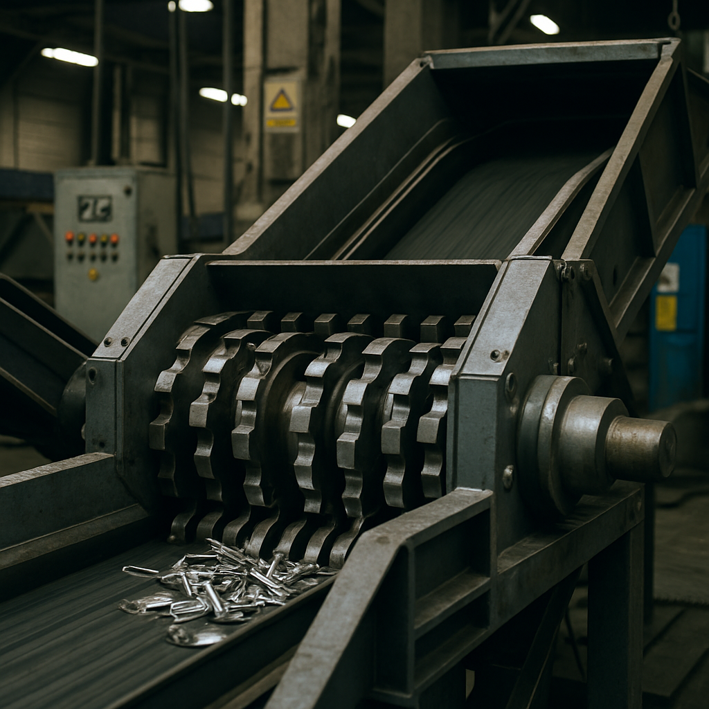 Close-up of an industrial metal shredder machine with rotating blades and conveyor belts in a factory environment.
