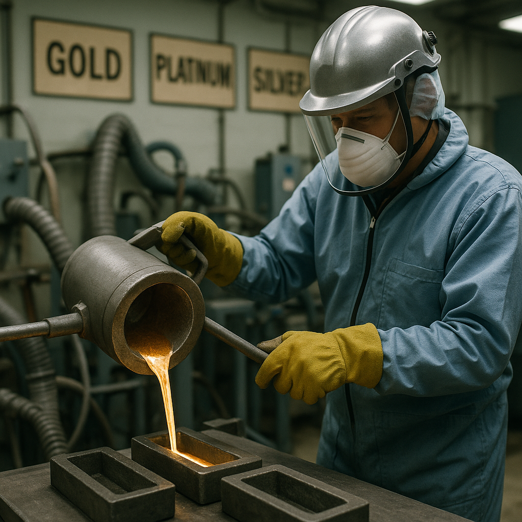 Close-up of a technician operating industrial purification machines with molten metal pouring into molds, featuring various labeled metal types in a controlled factory environment.