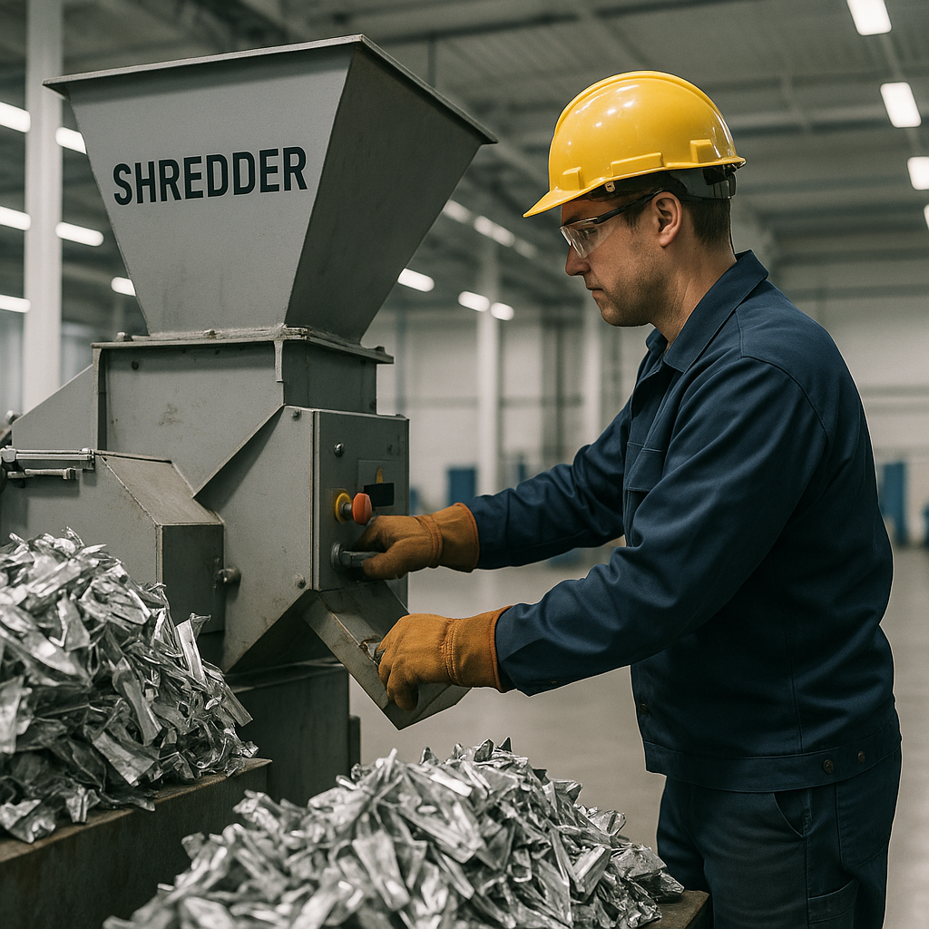 Industrial worker operating a large aluminum shredding machine in a bright, clean warehouse filled with scrap aluminum.