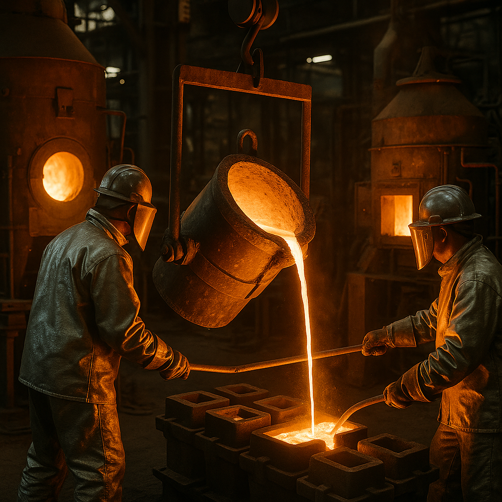 Workers pouring molten metal from industrial furnaces in a factory setting with intense orange glow