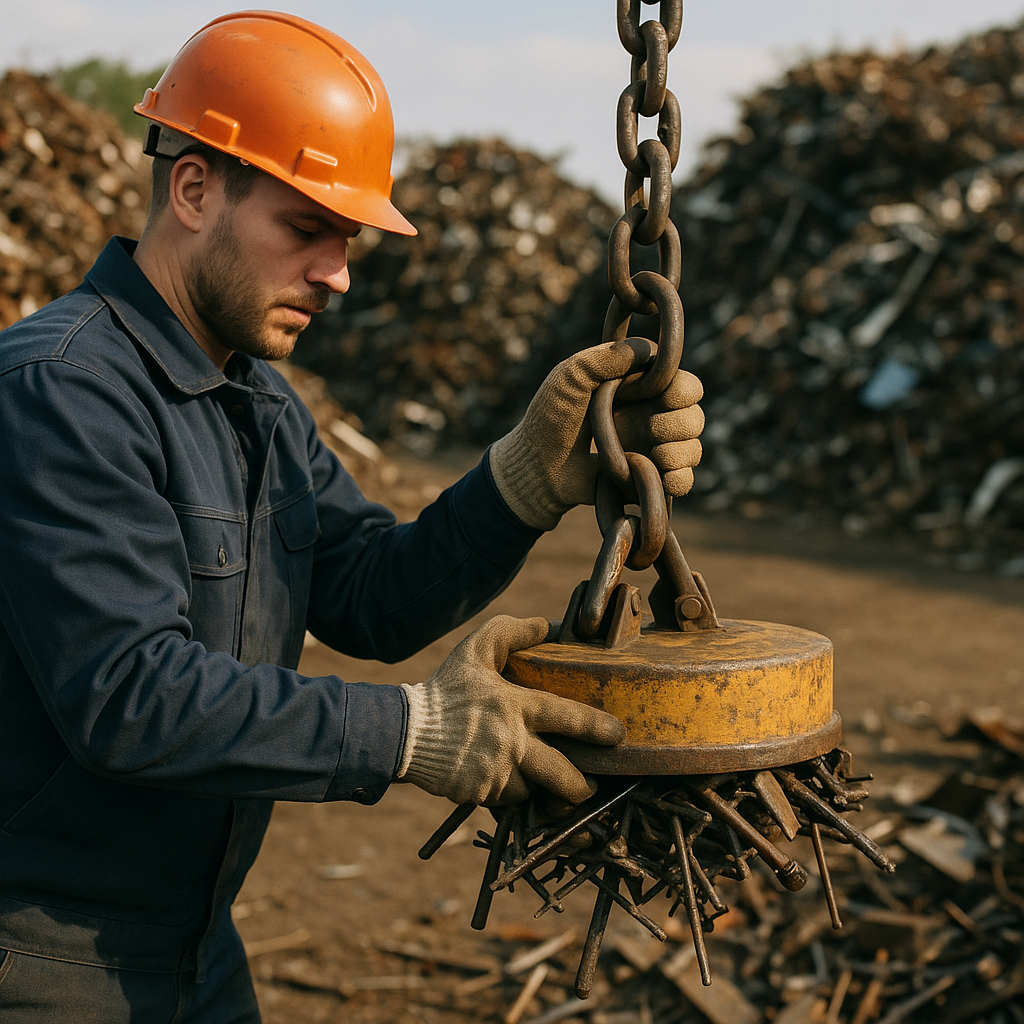Worker with gloves using an industrial magnet to collect metal debris in a recycling facility.