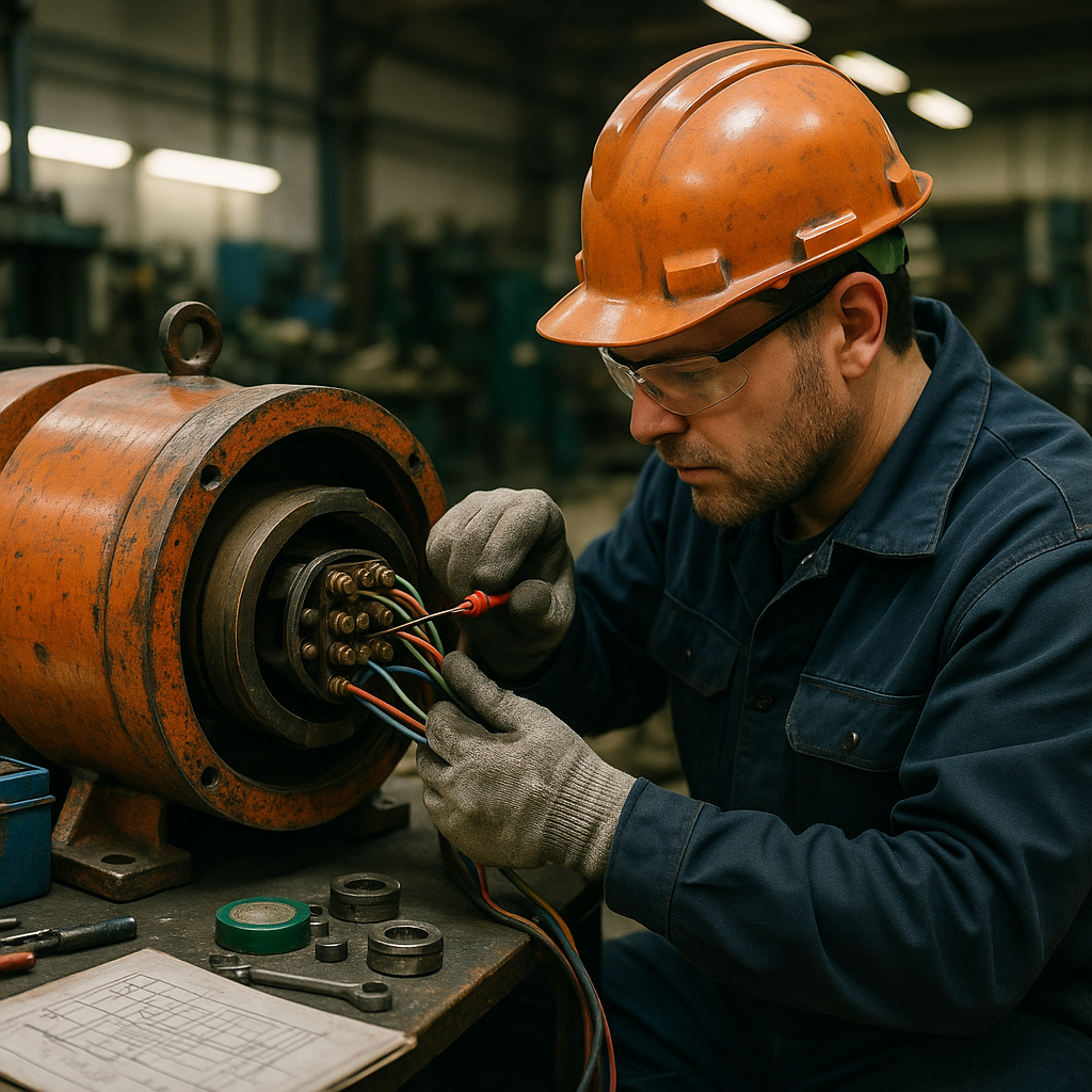 Technician in safety gear inspecting and repairing the wiring of a large industrial magnet in a workshop with tools and equipment nearby.