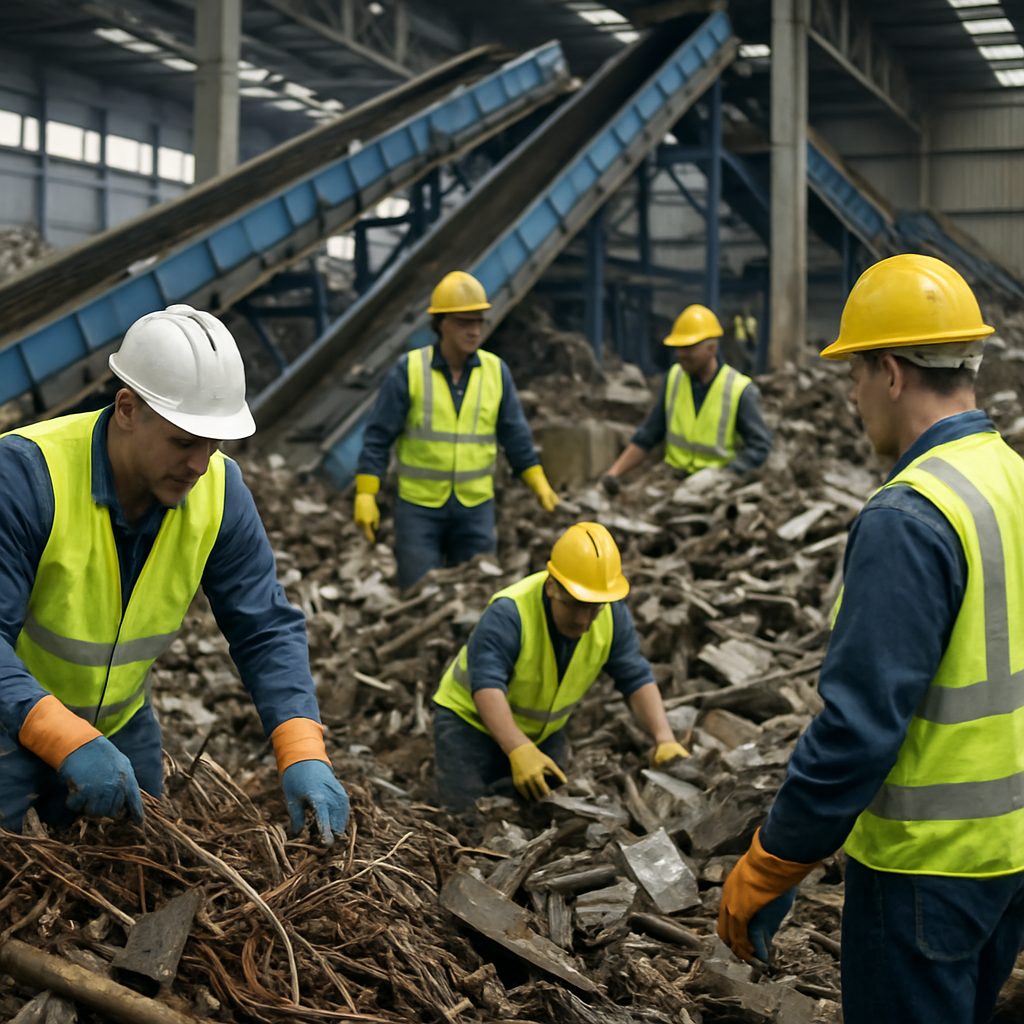 Industrial Recycling Facility with Scrap Metal Industrial recycling facility with piles of sorted scrap metal being processed, featuring conveyor belts and workers in safety gear, focused on environmental sustainability.