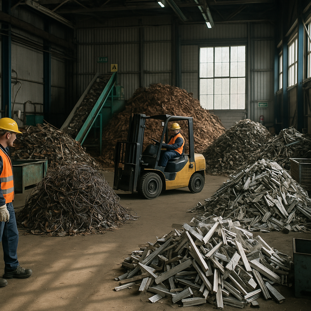 Industrial recycling facility with sorted piles of scrap metal and workers operating machinery under sunlight through windows.