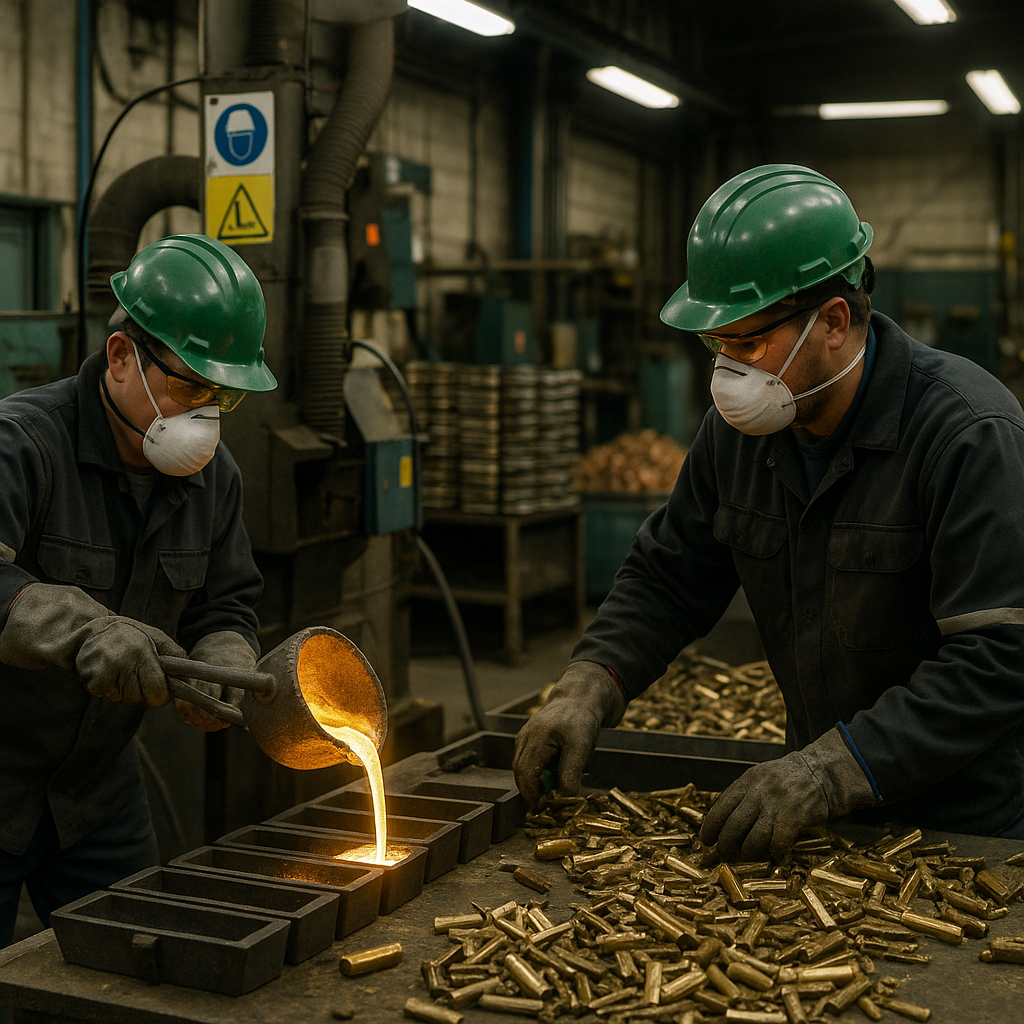 Workers sorting and melting brass scrap in an industrial recycling facility, with glowing molten brass pouring into molds.