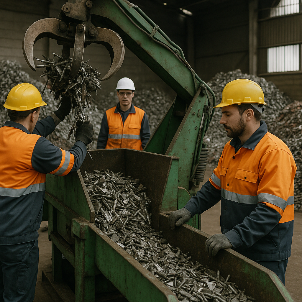 Workers in an industrial recycling facility using machines to separate and process metal scrap, with sorted metal piles in the background.