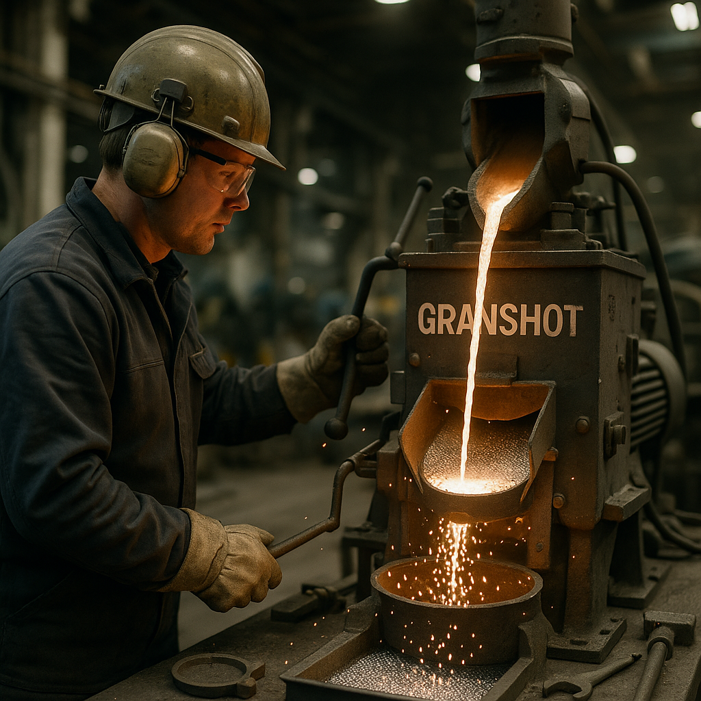 Industrial worker operating a GRANSHOT metal granulator with molten metal pouring into the machine, forming small granules amidst flying sparks and a glowing backdrop of the factory.