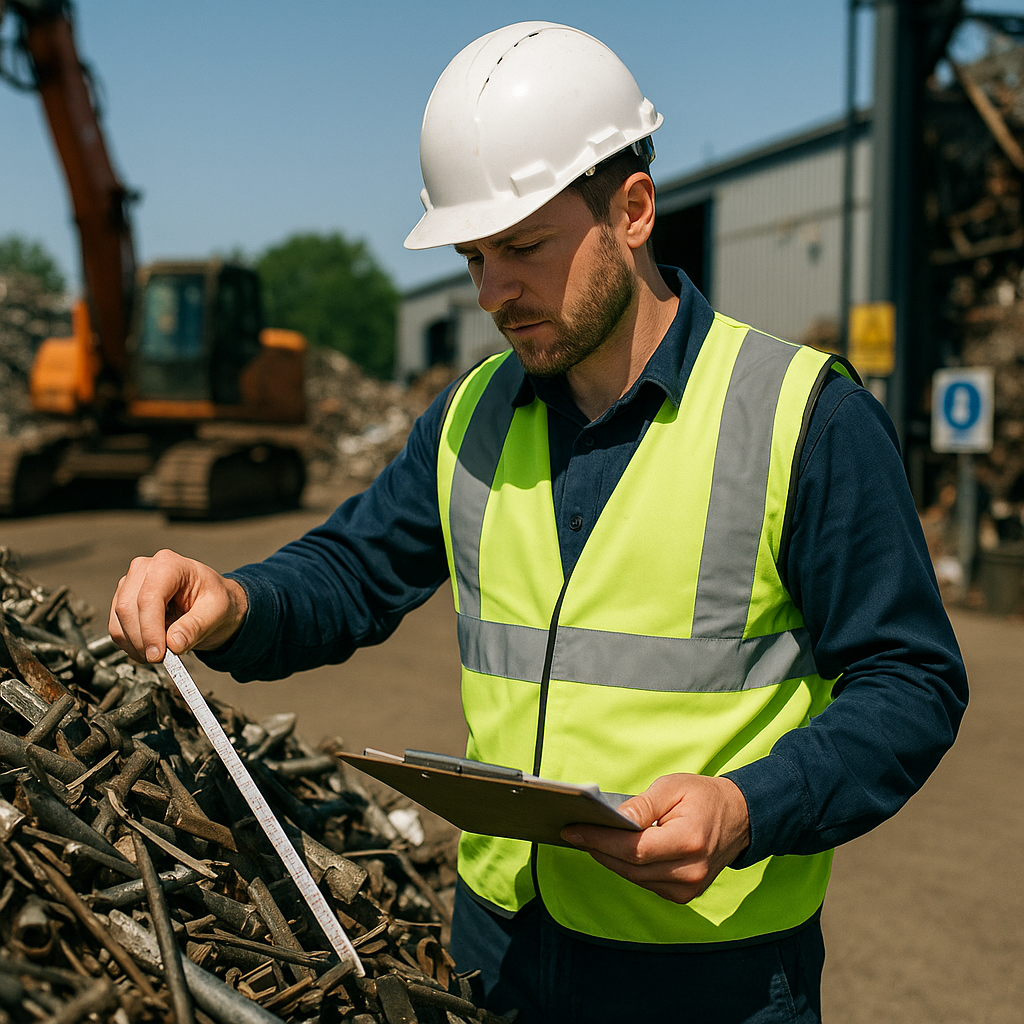 Industrial worker in reflective vest measuring a pile of metal scrap with clipboard and scale in a recycling facility.