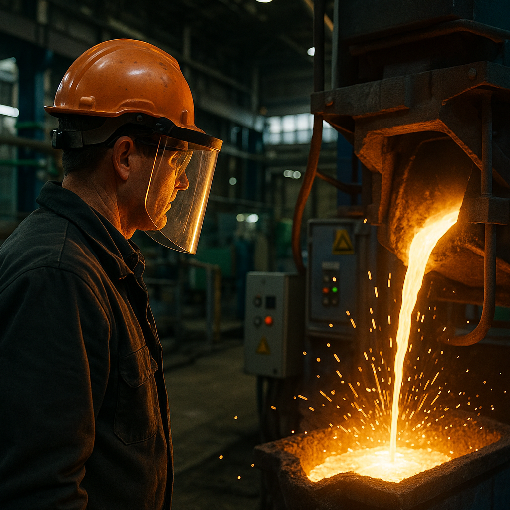 Industrial worker in safety gear monitoring glowing molten metal pouring from a furnace in a modern recycling plant, with bright sparks illuminating the scene.