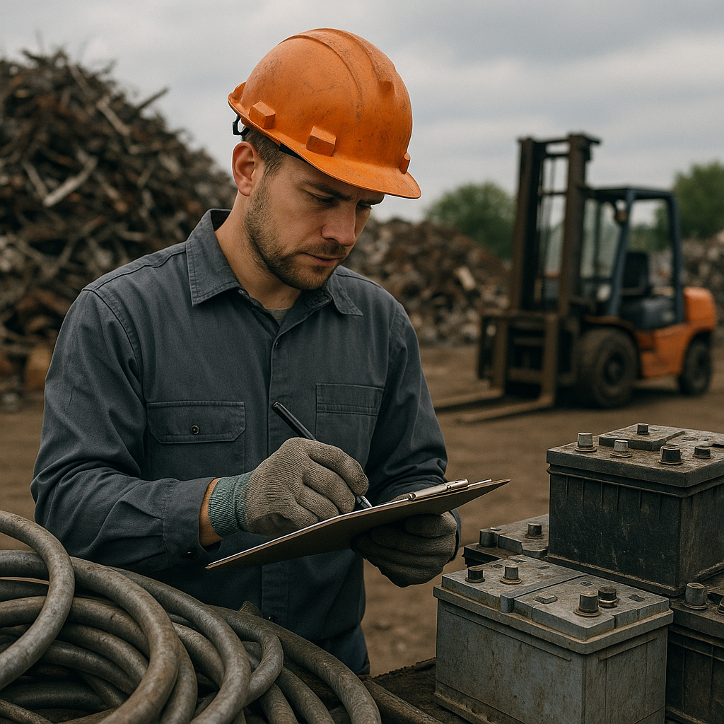 Worker in Scrapyard Examining Lead Pipes and Batteries Industrial worker examining lead pipes and car batteries in a scrapyard with a clipboard in hand under an overcast sky.