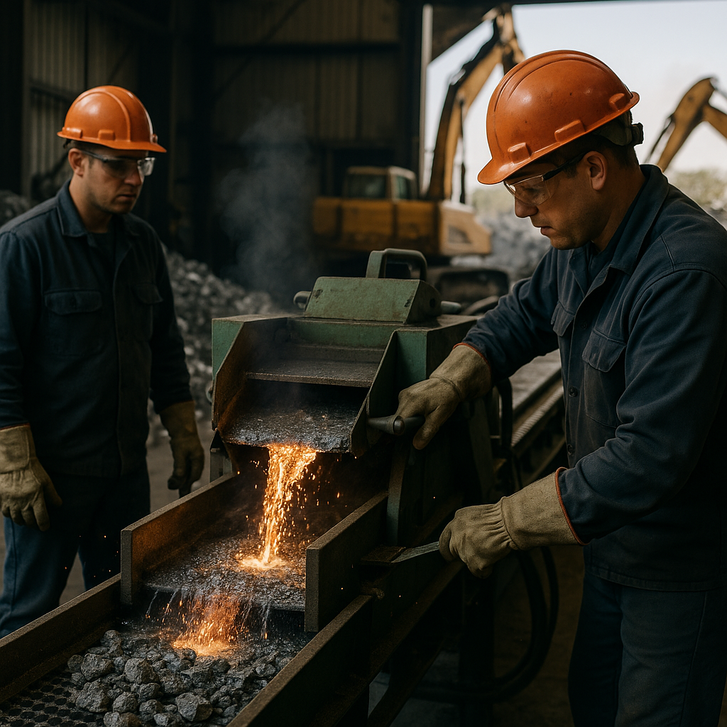 Industrial workers operating machinery in a metal recycling facility, controlling molten slag separation and cooling process.